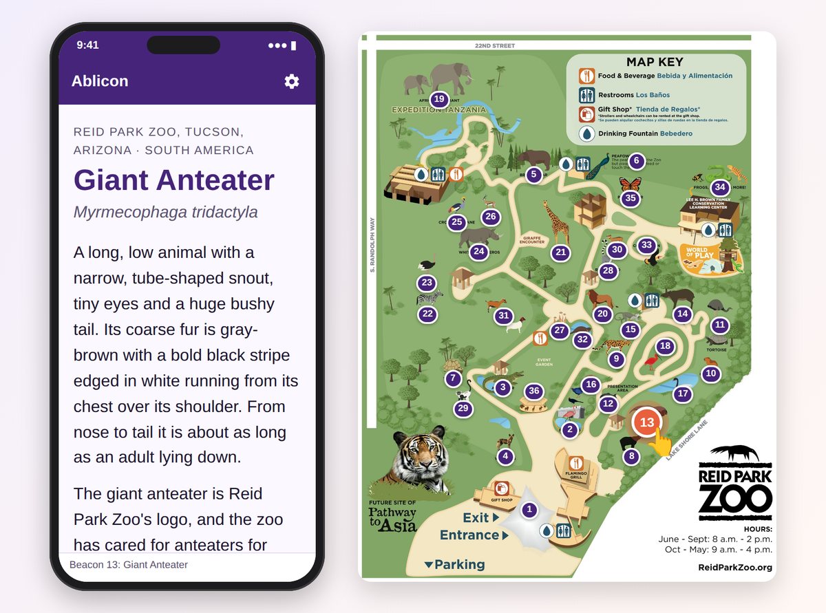 The Ablicon map demo: a park map with a numbered pin at each exhibit, and a phone showing the Giant Anteater page for exhibit 13.