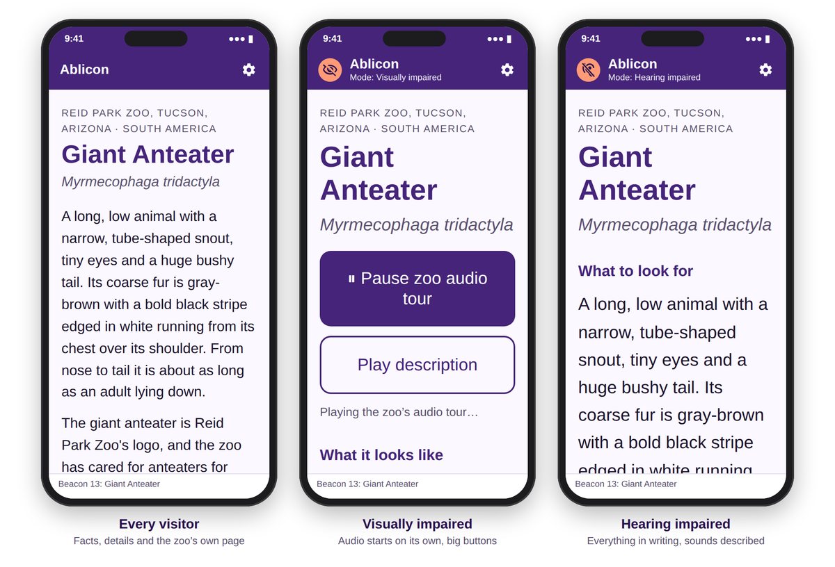Three phones showing the Giant Anteater page: the standard page, the visually impaired page with large audio buttons, and the hearing impaired page with everything in writing.