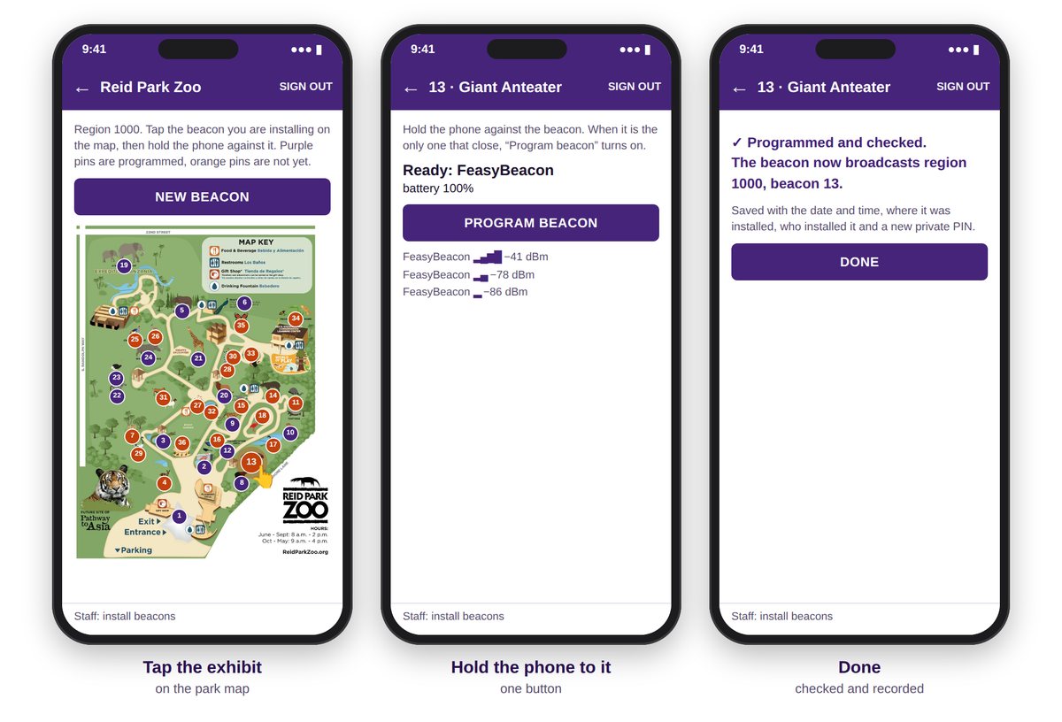 The Ablicon installer on a phone: tap the exhibit on the park map, hold the phone to the beacon and press Program beacon, then see the confirmation.